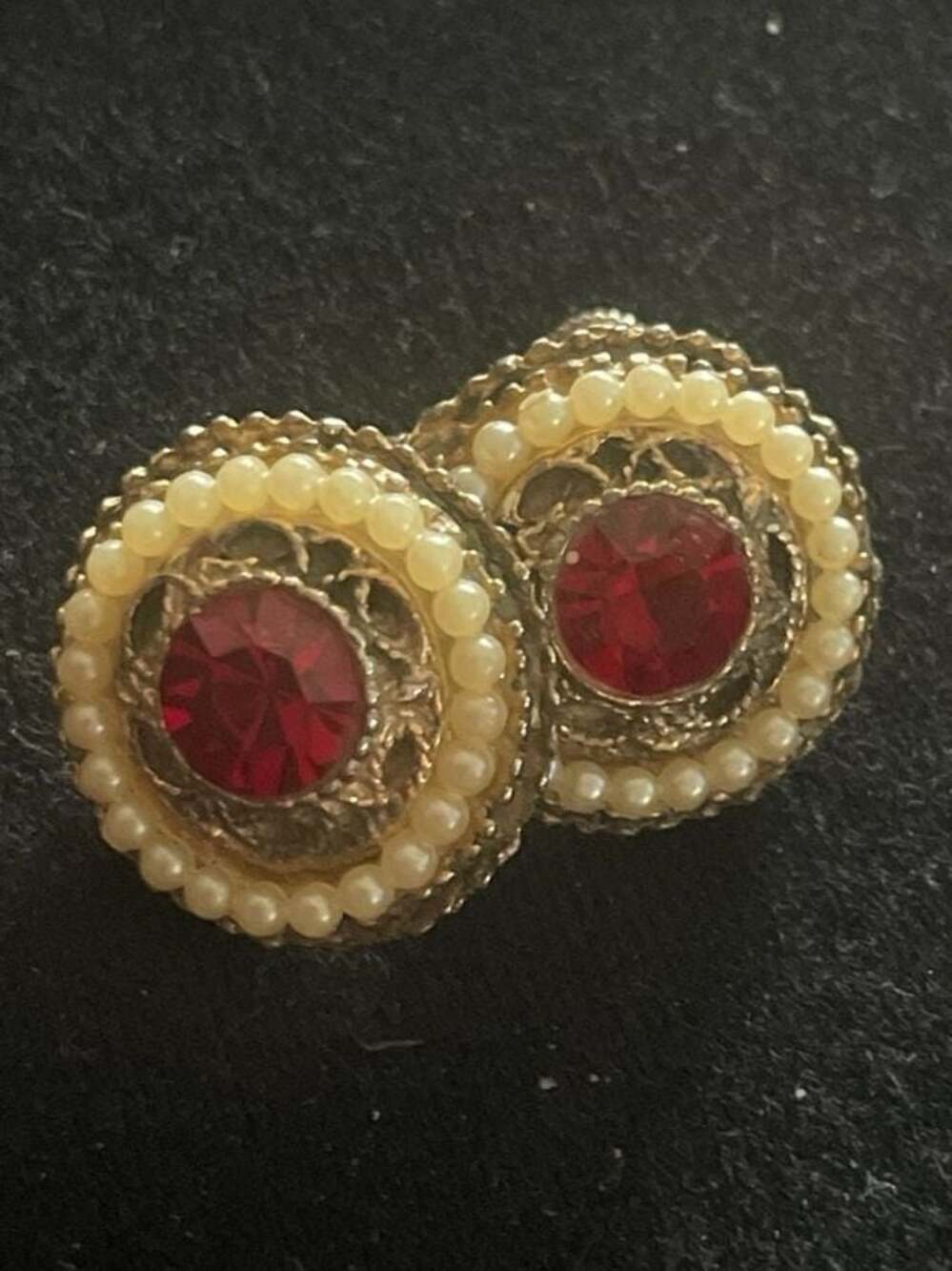 Vintage Coro Gold Tone Filigree Screw Back Earrings with Ruby Red Rhinestones an